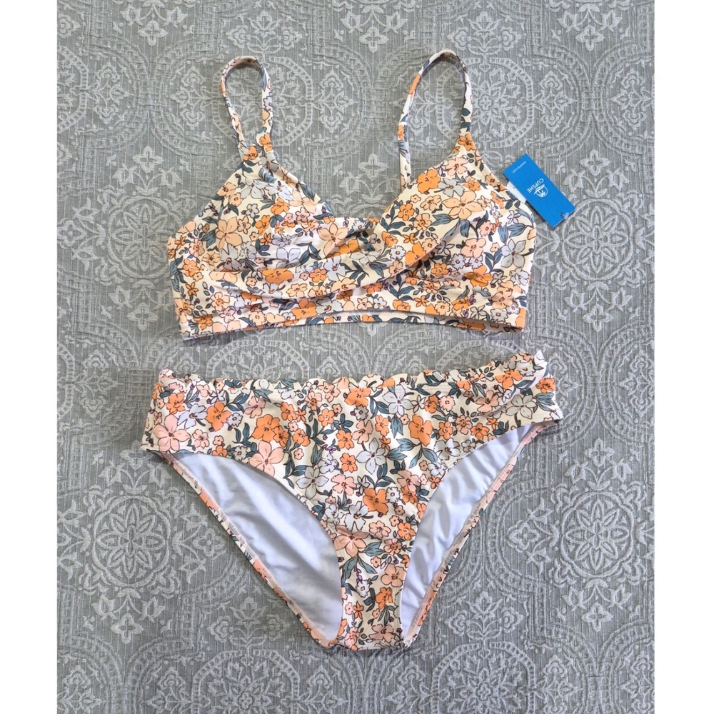 Cupshe Womens Floral Bikini Set Orange Cream Scalloped Twist Front New L